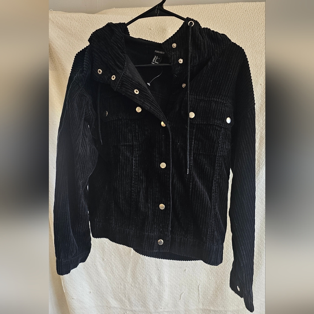 Forever 21 Womens Black Corduroy Hooded Jacket, size small